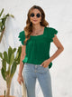 Ruffled Square Neck Cap Sleeve Blouse Dark Green