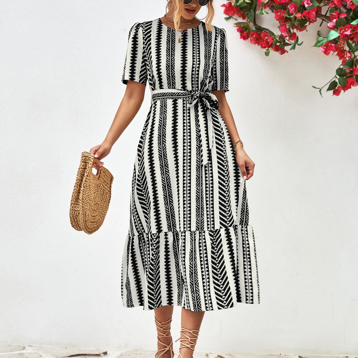 Striped Tie Belt Round Neck Puff Sleeve Dress Black