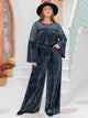 Plus Size Round Neck Flare Sleeve Top and Pants Set Peacock Blue