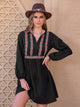 Notched Neck Long Sleeve Printed Mini Dress Black