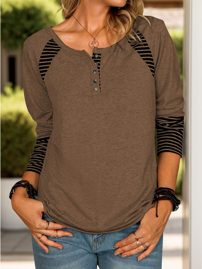 Full Size Striped Quarter Button Long Sleeve T-Shirt Coffee Brown