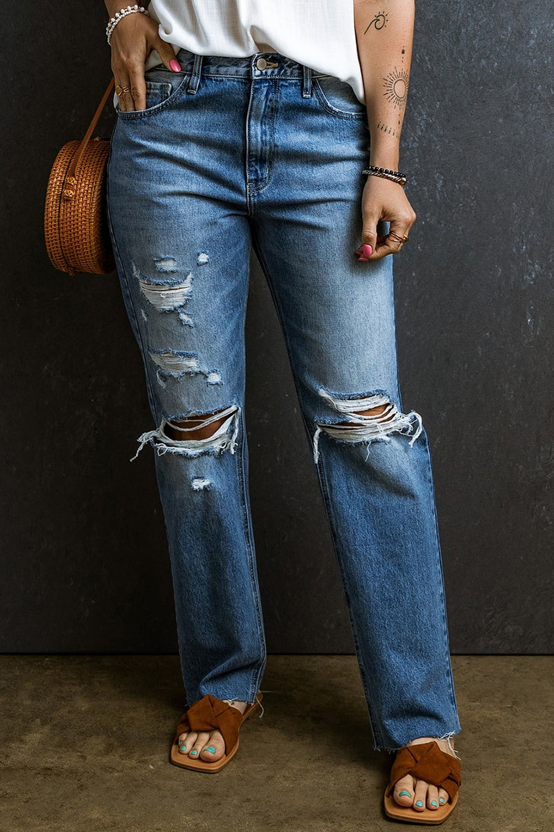 Distressed Raw Hem Jeans with Pockets