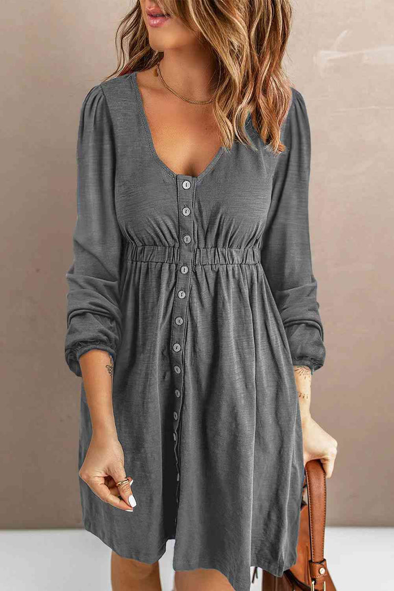 Scoop Neck Empire Waist Long Sleeve Mini Dress Gray