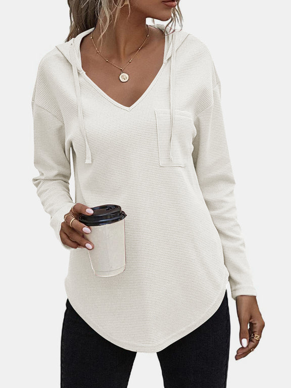 Drawstring Waffle Knit Long Sleeve Hooded Top White