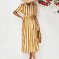 Striped Tie Belt Round Neck Puff Sleeve Dress