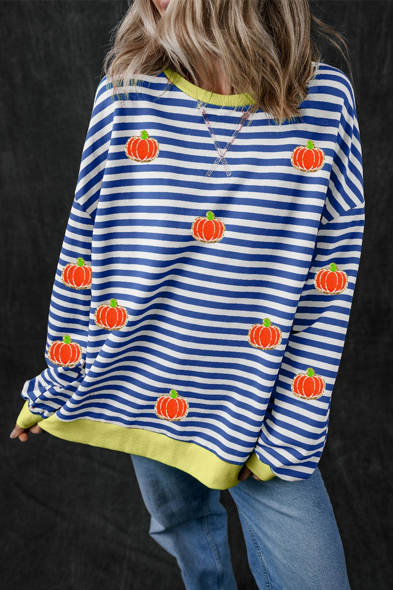 Pumpkin Striped Long Sleeve Sweatshirt Navy