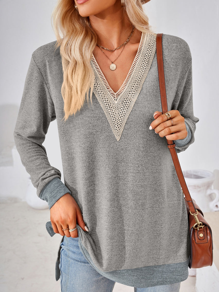 Crochet Contrast V-Neck Long Sleeve Slit T-Shirt Light Gray