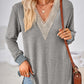 Crochet Contrast V-Neck Long Sleeve Slit T-Shirt