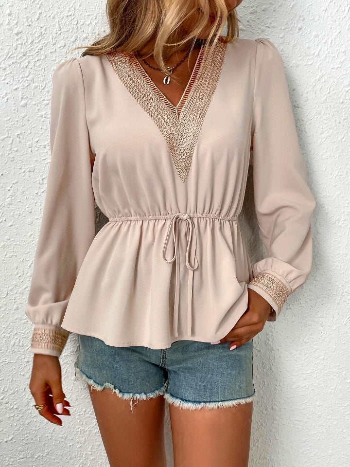 Crochet V-Neck Drawstring Peplum Blouse