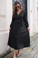 Pleated Long Sleeve Surplice Maxi Dress Black