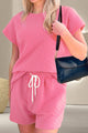 Round Neck Short Sleeve Top and Drawstring Shorts Set Fuchsia Pink