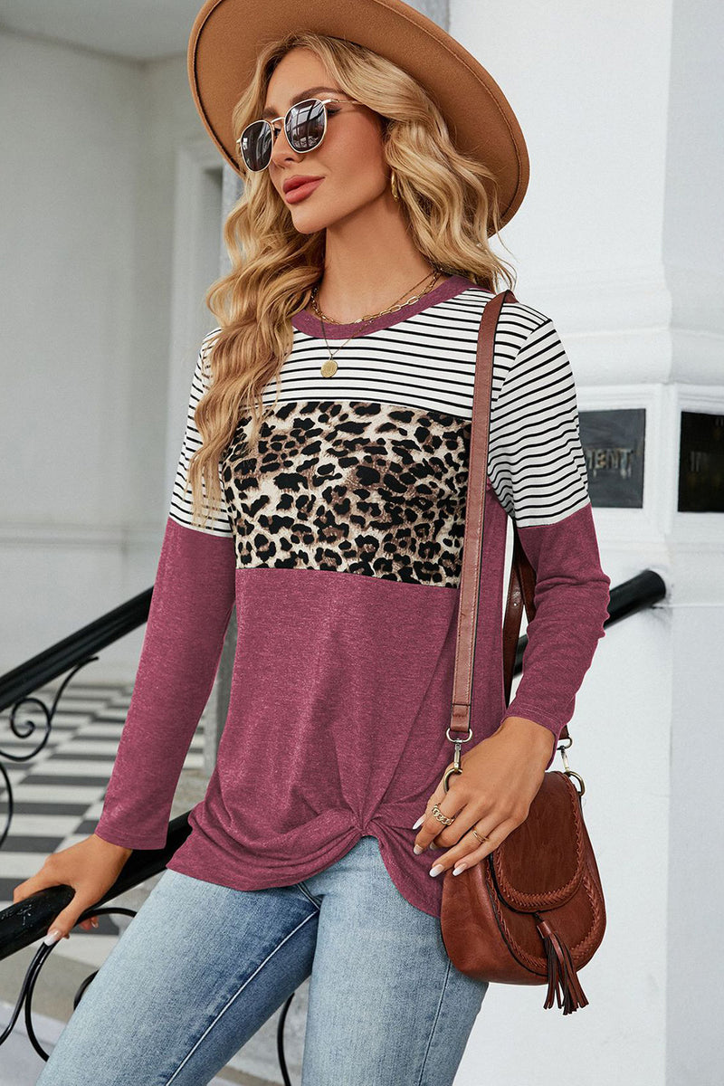 Leopard Striped Round Neck T-Shirt Deep Purple