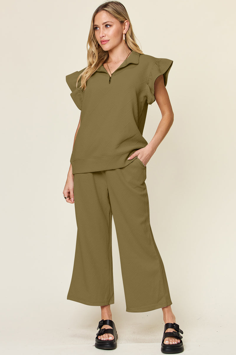 Double Take Texture Ruffle Short Sleeve Top and Drawstring Wide Leg Pants Set Olive