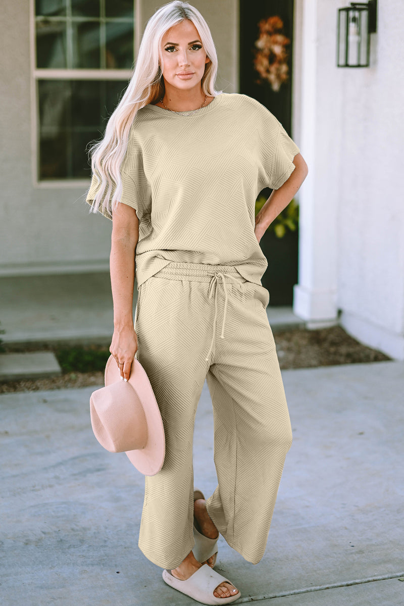 Short Sleeve Top and Pants Set Beige