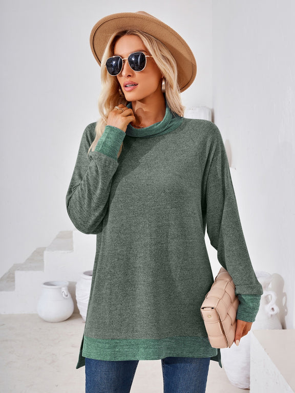 Contrast Mock Neck Long Sleeve T-Shirt Army Green