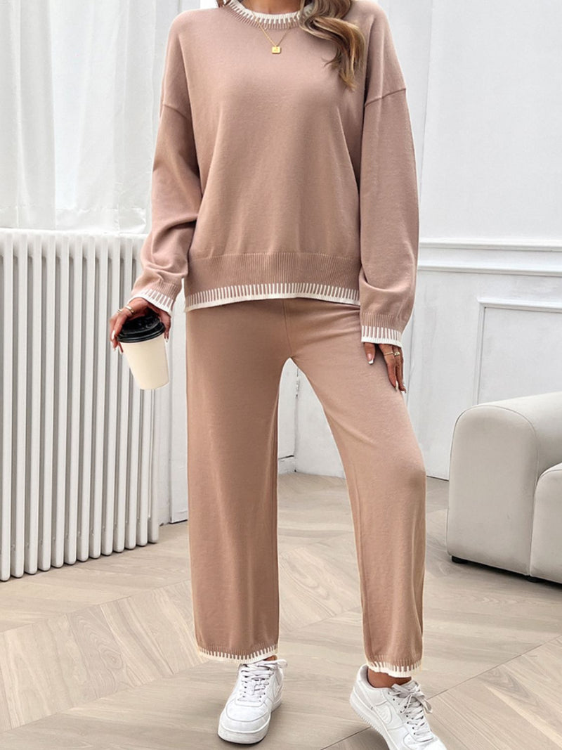 Round Neck Dropped Shoulder Top and Pants Sweater Set