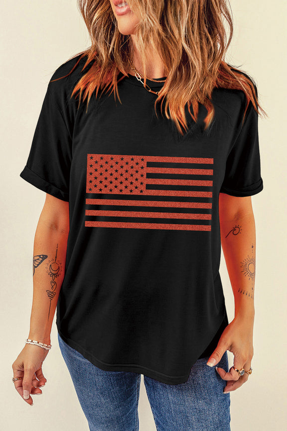 US Flag Round Neck Short Sleeve T-Shirt Black