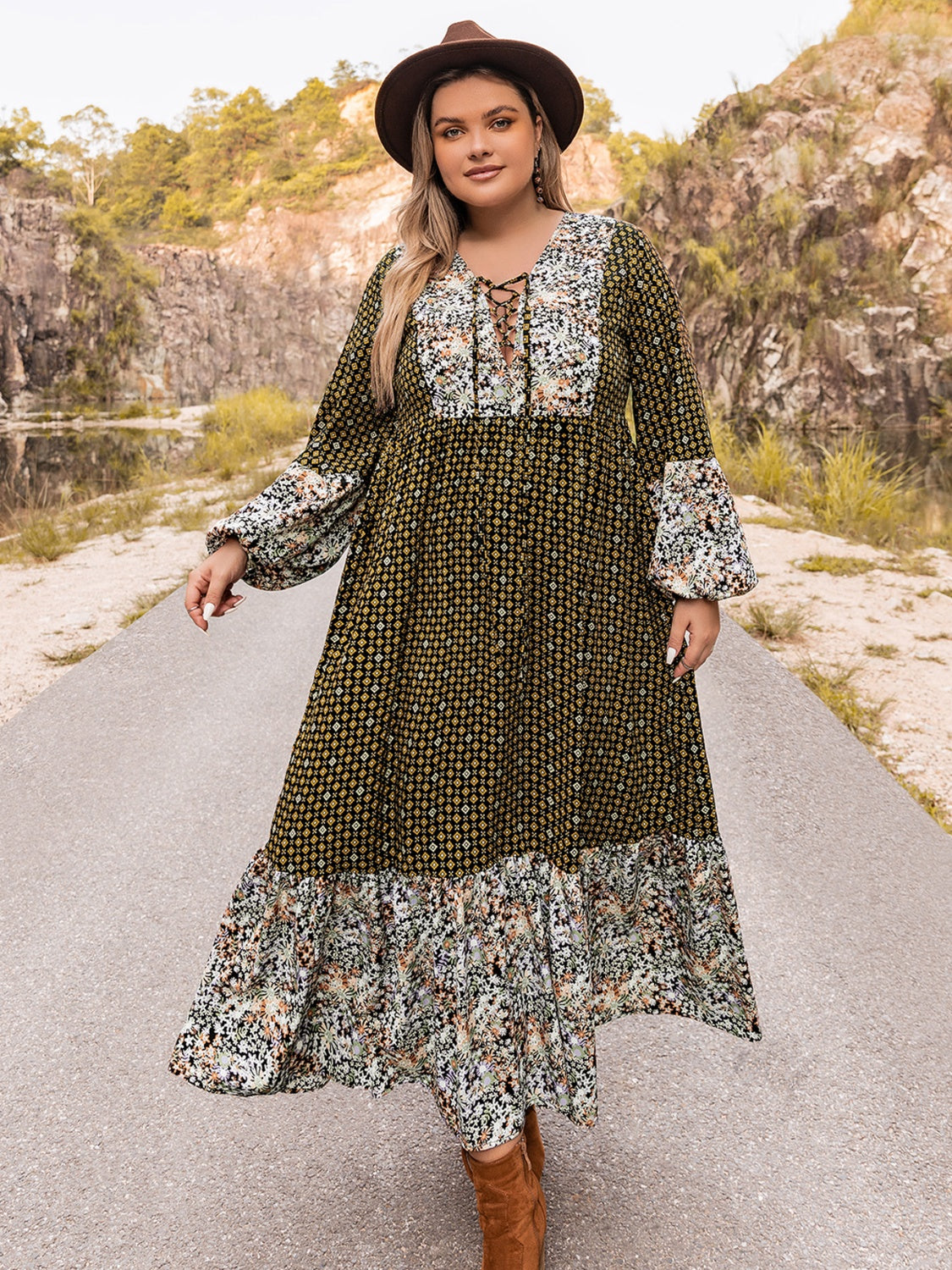 Plus Size Lace-Up Long Sleeve Dress