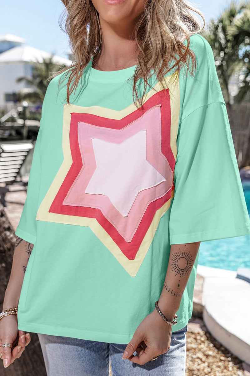 Color Block Star Patched Oversized T-Shirt Turquoise