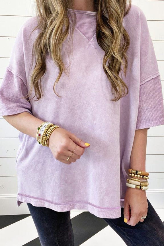 Mineral Wash Drop Shoulder Round Neck T-Shirt Pink Purple