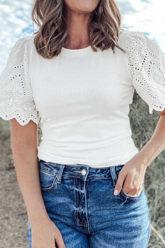 Eyelet Short Sleeve Patchwork Ribbed Top White