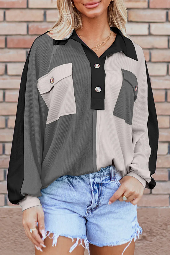Pocketed Contrast Long Sleeve Sweatshirt Dark Gray