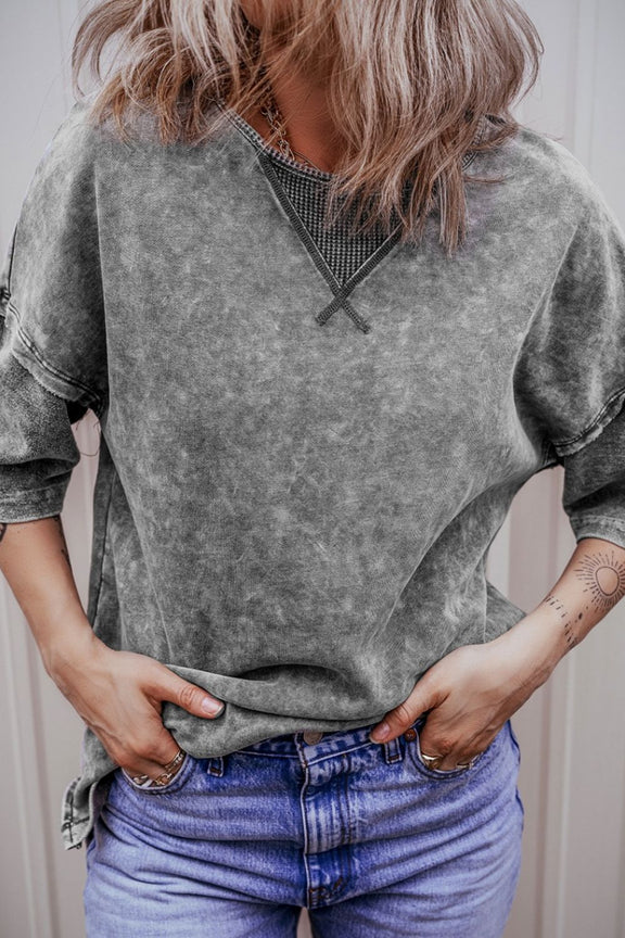 Mineral Wash Drop Shoulder Round Neck T-Shirt Gray