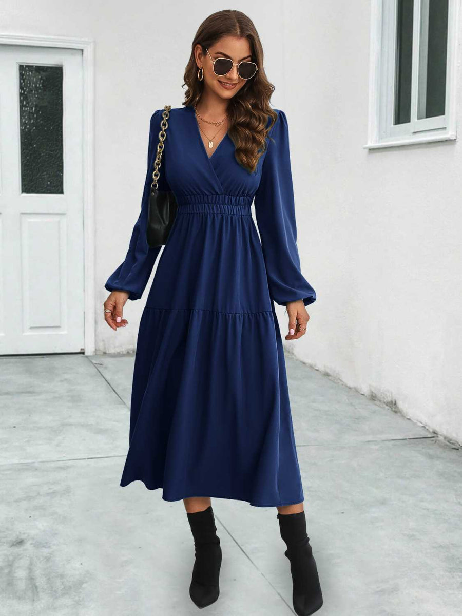 Surplice Neck Long Sleeve Midi Dress Dark Blue