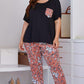 Plus Size Contrast Round Neck Tee and Floral Pants Lounge Set