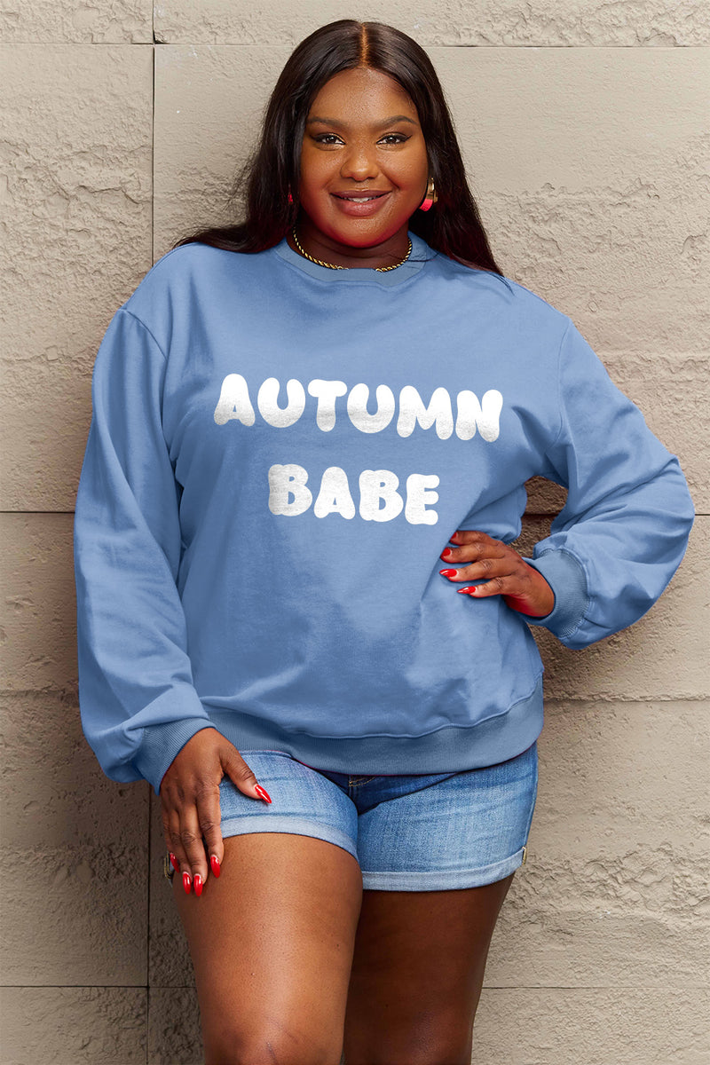 Simply Love Full Size AUTUMN BABE Graphic Sweatshirt Light Blue