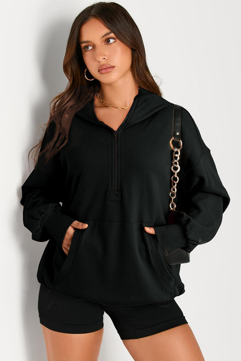 Pocketed Half Zip Long Sleeve Hoodie Black