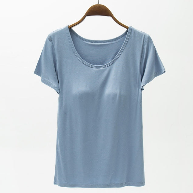 Round Neck Modal T-Shirt with Bra Light Blue