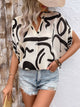 Perfee Printed Notched Half Sleeve Blouse Beige