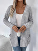 Ribbed Open Front Long Sleeve Cardigan with Pockets Light Gray