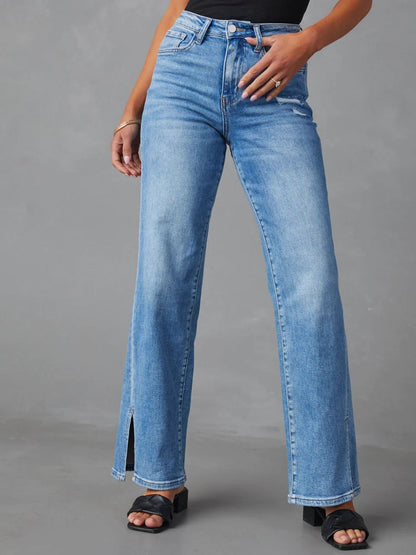 Slit Buttoned Jeans with Pockets