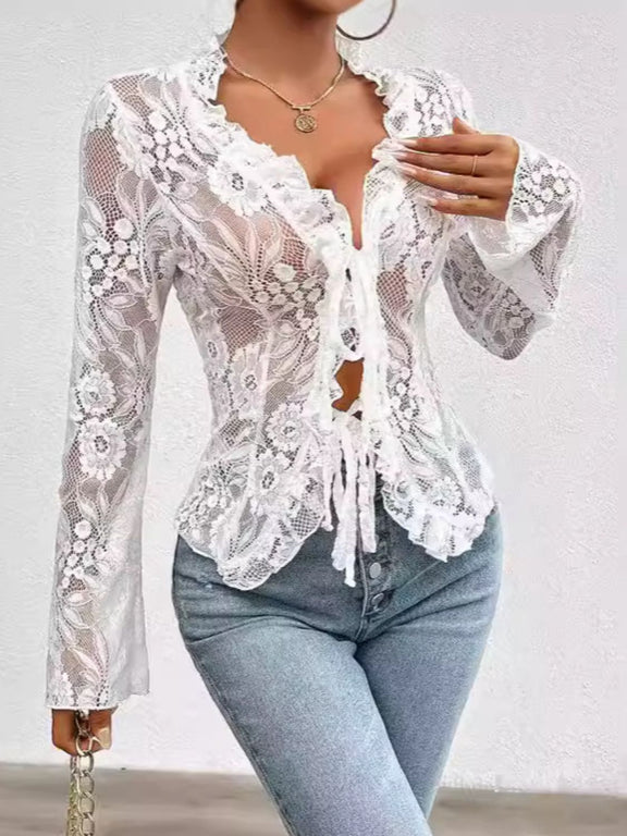 Tied V-Neck Long Sleeve Lace Top White