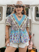 Plus Size Ruched Lace Detail Printed V-Neck Short Sleeve Blouse Light Blue