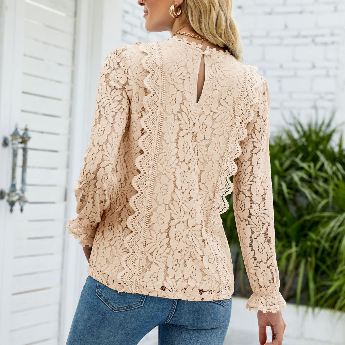 V-Neck Flounce Sleeve Lace Top