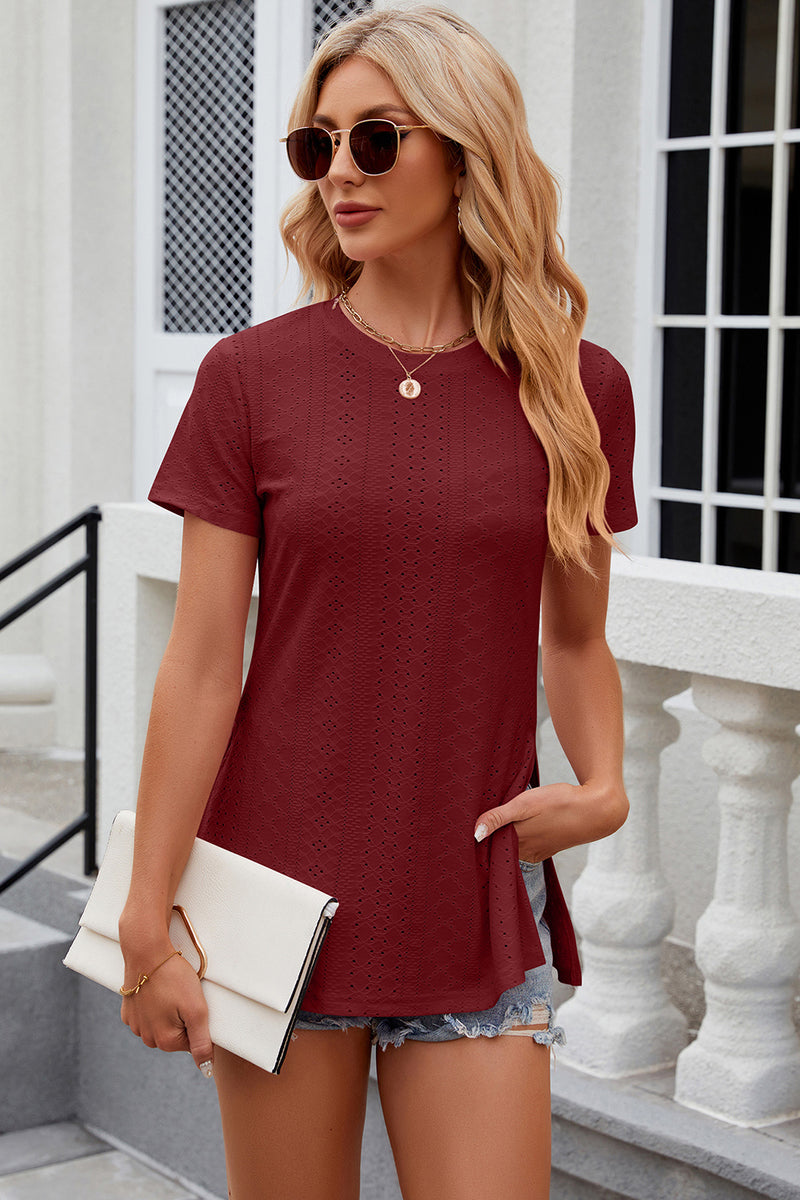 Eyelet Slit Round Neck Short Sleeve T-Shirt Burgundy