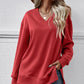 V-Neck Slit Long Sleeve Sweatshirt