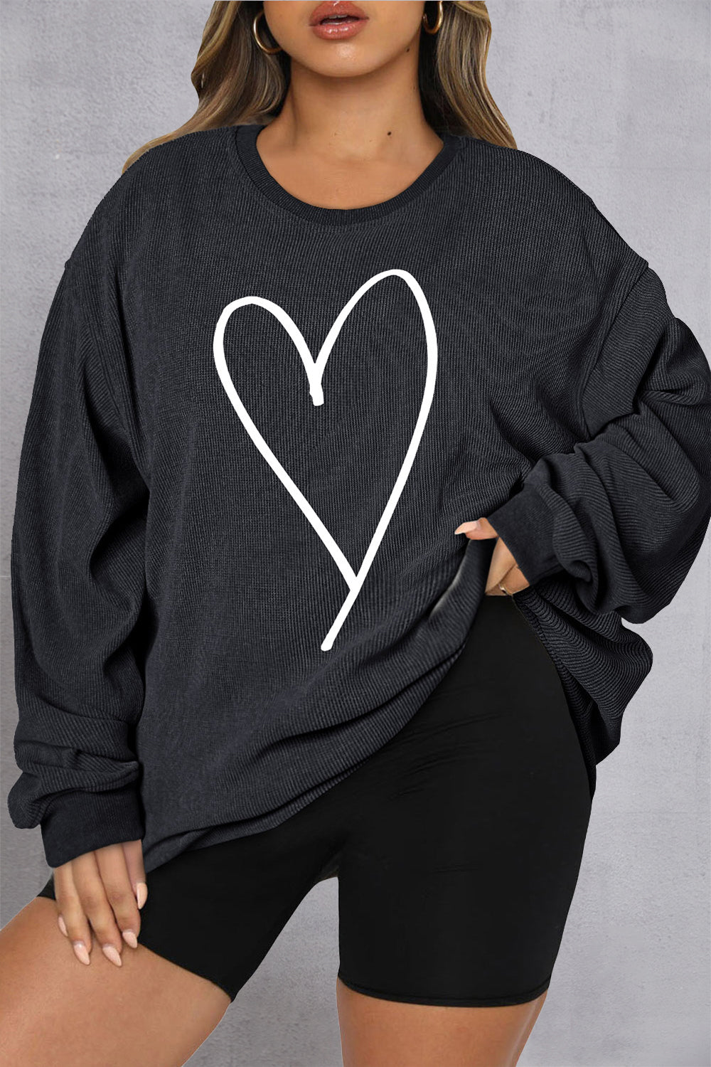 Plus Size Heart Ribbed Round Neck Sweatshirt Black