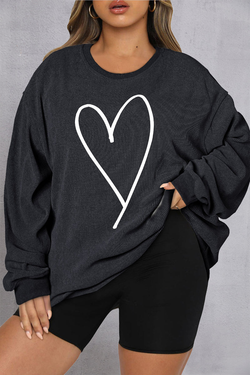Plus Size Heart Ribbed Round Neck Sweatshirt Black