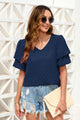 Swiss Dot V-Neck Short Sleeve Blouse Dark Blue