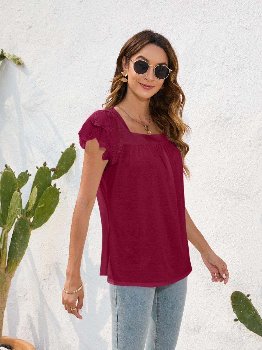 Ruffled Square Neck Cap Sleeve Blouse Hot Pink