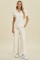 Double Take Full Size Collared Neck Short Sleeve Top and Pants Set Cream