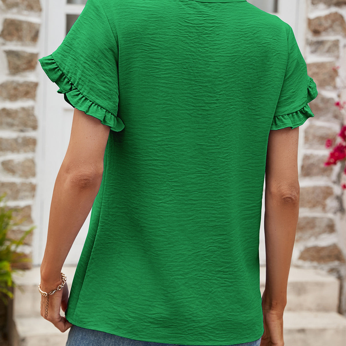 Textured Petal Sleeve Round Neck Tee