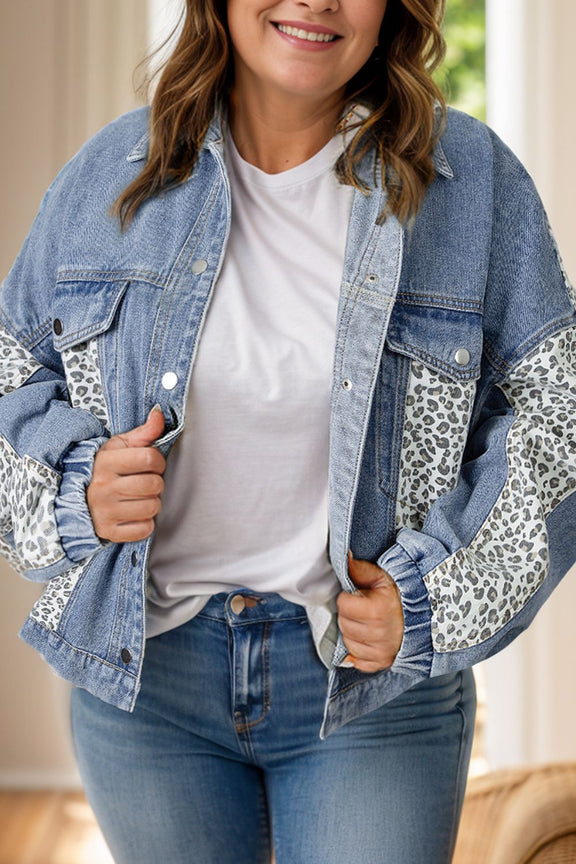 Plus Size Leopard Long Sleeve Denim Jacket Medium