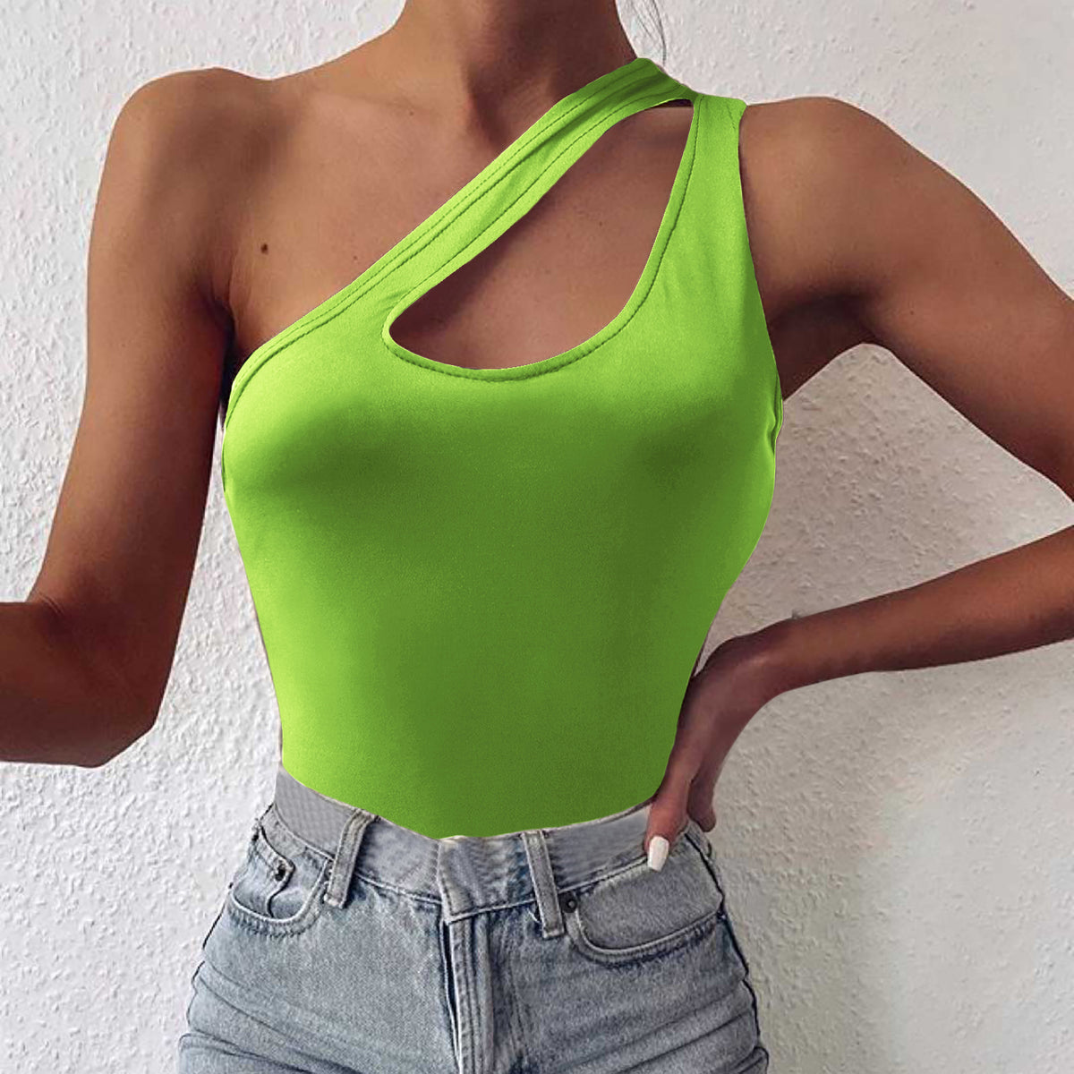 One Shoulder Cutout Cami Lime