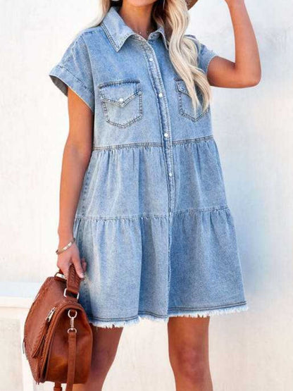 Raw Hem Short Sleeve Denim Dress