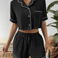 Contrast Lapel Collar Cropped Shirt and Shorts Lounge Set